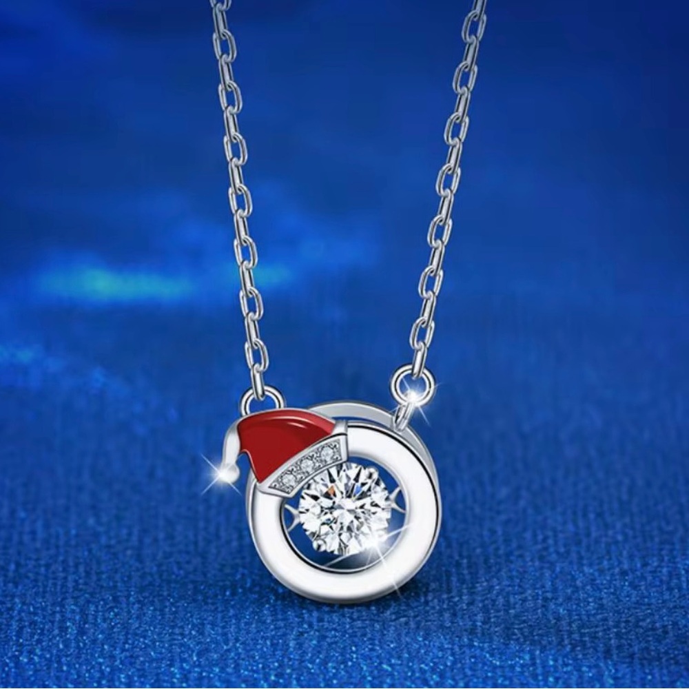 NEW 925S Christmas Santa Hat Solitaire Cubic Zircon Movement Necklace